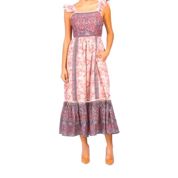 Haute Hippie Dress 6 New Pretty Paisley Flutter Sleeve Lace Trim Boho Hippy Midi - Picture 3 of 11